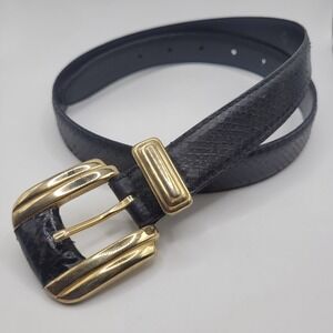 VTG Leather Shop Belt Small Black Snakeskin Leather Gold Tone Buckle Statement